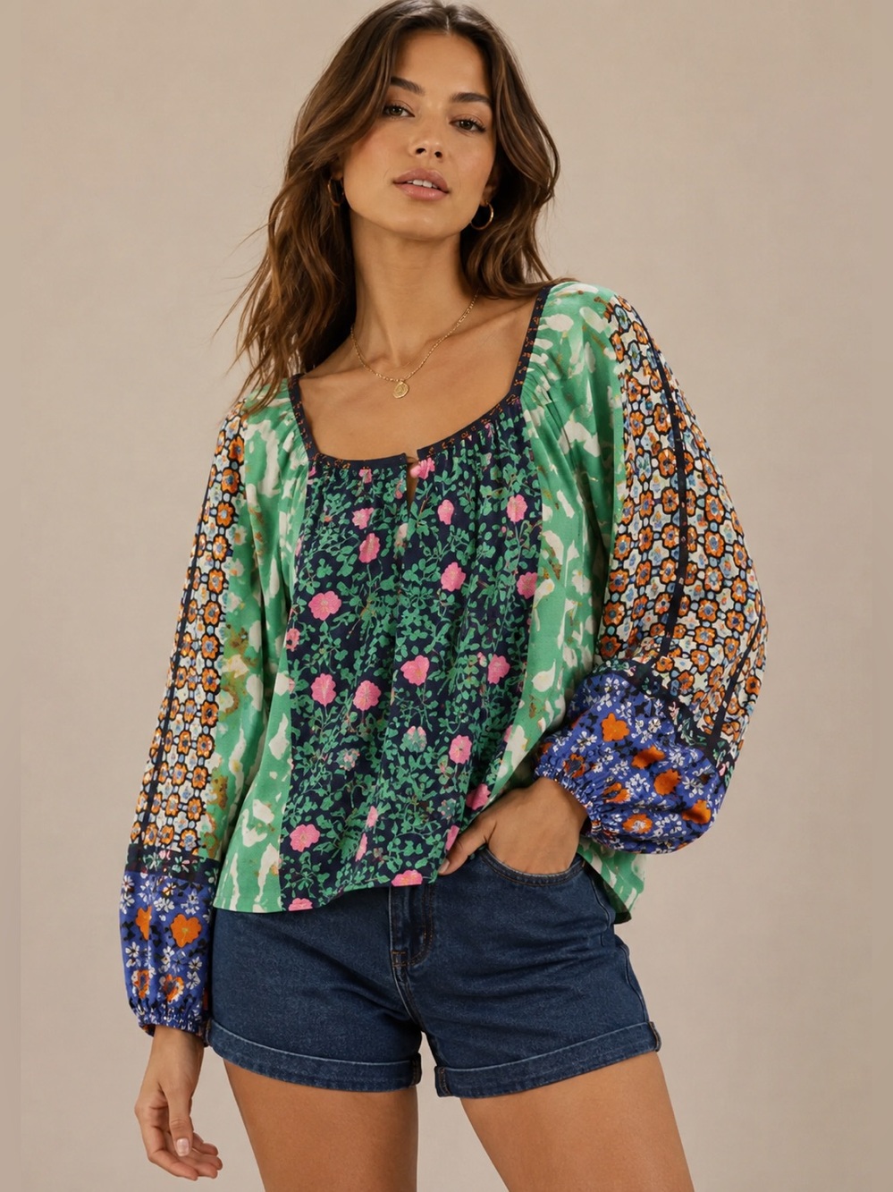Anthropologie Maeve Mixed-Print Floral Patchwork Peasant Blouse | XS Petite NWT